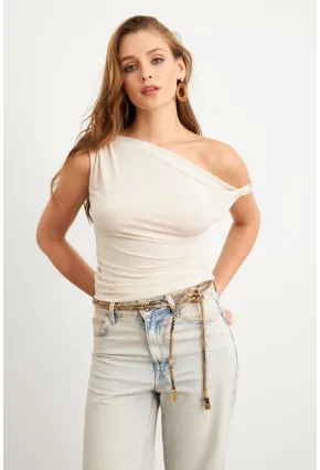 Kadın Vanilya Asimetrik Kol Bluz VA100