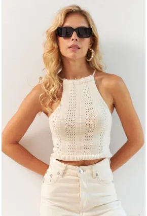 Kadın Vanilya Ayarlanabilir Boyunlu Triko Bluz MP20147