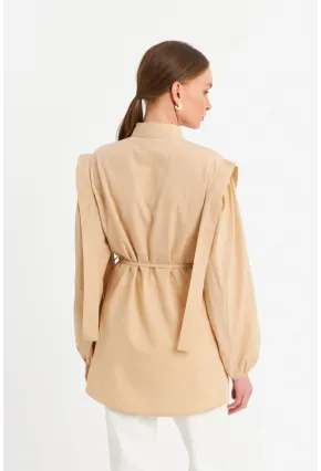 Kadın Vanilya Bağlama Detaylı Basic Gömlek MASF185