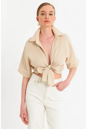 Kadın Vanilya Bağlamalı Keten Bluz BTH16