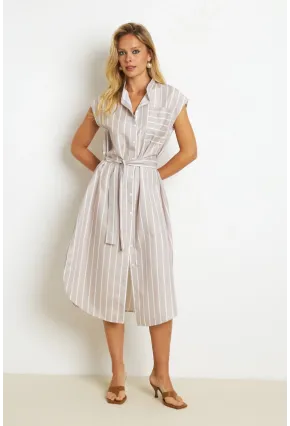Kadın Vanilya Çizgili Midi Gömlek Elbise SF1000