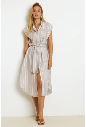 Kadın Vanilya Çizgili Midi Gömlek Elbise SF1000