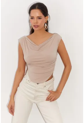 Kadın Vanilya Degaje Yaka Yanları Büzgülü Crop Bluz B2494