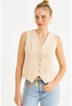 Kadın Vanilya Düğme Detaylı Astarlı Yelek SGT410