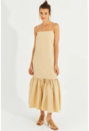 Kadın Vanilya Eteği Volanlı Askılı Midi Elbise MEN2001