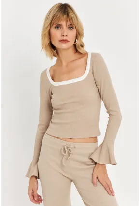 Kadın Vanilya Kontrast Yaka İspanyol Kol Bluz ALB3105