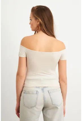 Kadın Vanilya Madonna Yaka Crop Bluz VA101