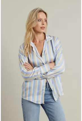 Kadın Vanilya-Mavi Desenli Saten Gömlek MSHR9