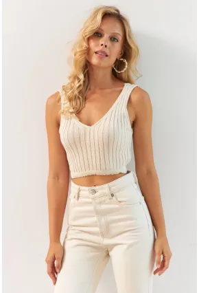 Kadın Vanilya Ön Arka V Triko Crop Bluz MP20136