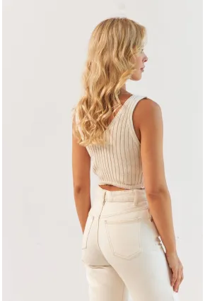 Kadın Vanilya Ön Arka V Triko Crop Bluz MP20136