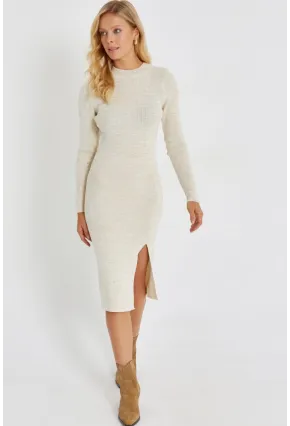 Kadın Vanilya Simli Triko Midi Elbise SF2526