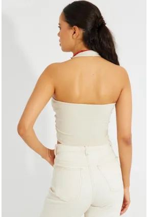 Kadın Vanilya Sırtı Açık Crop Bluz B2697