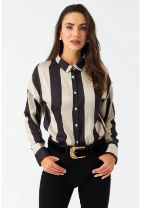 Kadın Vanilya-Siyah Desenli Saten Gömlek MSHR500