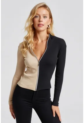 Kadın Vanilya-Siyah Renk Bloklu Kaşkorse Bluz EY2586