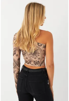 Kadın Vanilya-Siyah Tek Omuz Desenli Crop Bluz LİK14