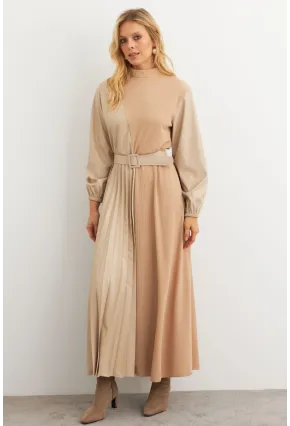 Kadın Vanilya Suni Deri Bloklu Pilili Maxi Elbise MALZ100