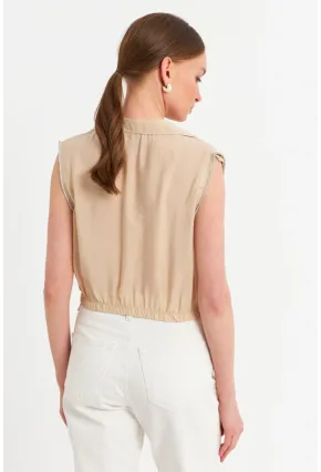 Kadın Vanilya Taş Detaylı Crop Gömlek SUN200