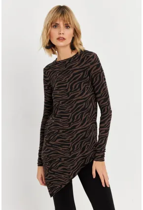 Kadın Vizon Asimetrik Zebra Desenli Tunik MLPP1186-1