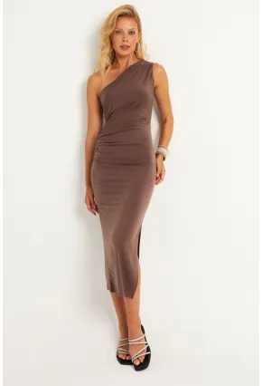 Kadın Vizon Büzgülü Yırtmaçlı Midi Elbise MON134