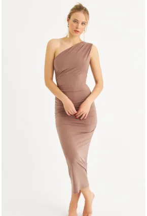 Kadın Vizon Tek Omuz Büzgülü Midi Elbise DMR294-90