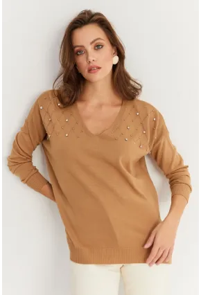 Kadın Vizon V Yaka Taşlı İnce Triko Bluz YİL002