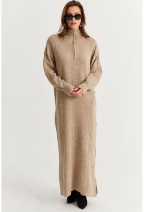 Kadın Vizon Yakası Fermuarlı Triko Maxi Elbise MNUV10