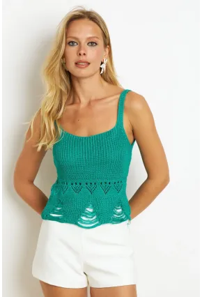 Kadın Yeşil Ajurlu Triko Bluz KAZ08