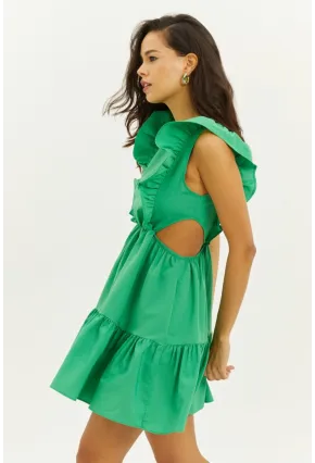 Kadın Yeşil Bel Dekolteli Volanlı Mini Elbise SF1523