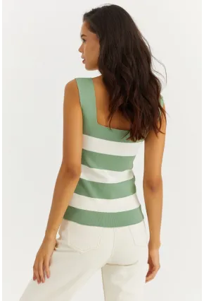 Kadın Yeşil-Beyaz Kare Yaka Triko Bluz YV80