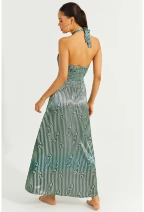 Kadın Yeşil Boyun Bağlamalı Sırtı Gipeli Maxi Elbise BK1664