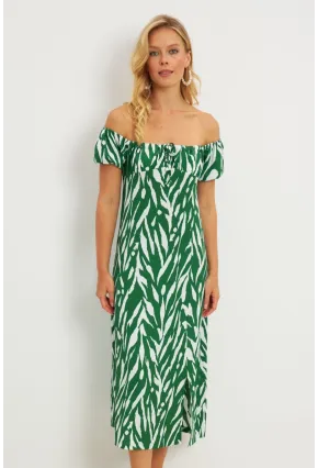 Kadın Yeşil Bürümcük Büzgülü Midi Elbise DY105