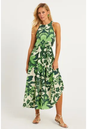 Kadın Yeşil Desenli Midi Elbise YZ1107