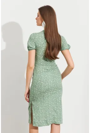 Kadın Yeşil Desenli Pencereli Midi Elbise Q1013