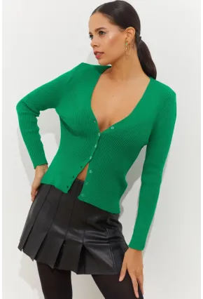 Kadın Yeşil Düğmeli Triko Bluz YV94