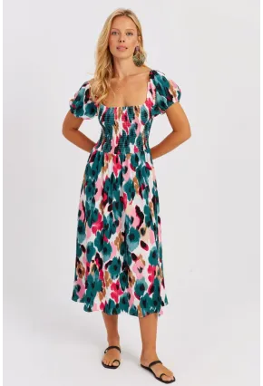 Kadın Yeşil Gipeli Desenli Midi Elbise MON126