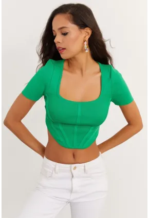 Kadın Yeşil Kare Yaka Triko Bluz TEM95