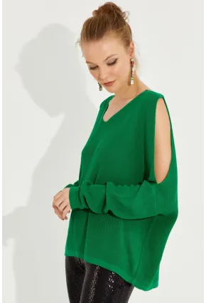 Kadın Yeşil Kolu Yırtmaçlı Triko Bluz SMT221