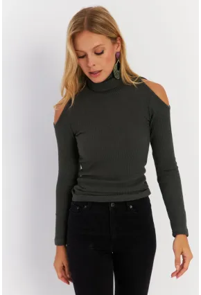 Kadın Yeşil Omuzları Açık Kaşkorse Bluz HOR04