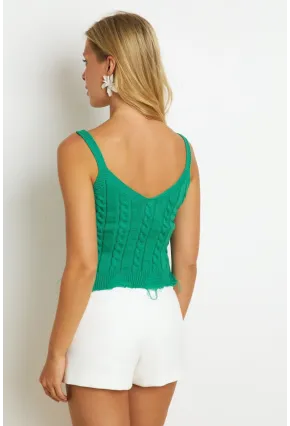 Kadın Yeşil Örgülü V Yaka Triko Bluz KAZ05