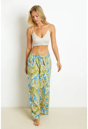 Kadın Yeşil Palozzo Desenli Keten Pantolon K1250