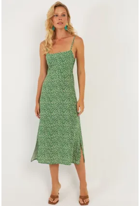 Kadın Yeşil Sırtı Gipeli Desenli Midi Elbise MP427