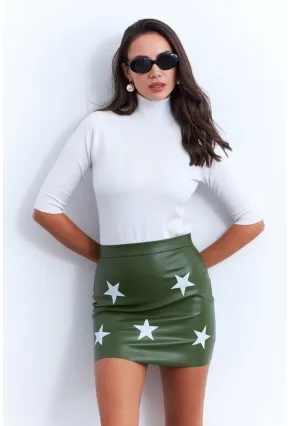 Kadın Yeşil Suni Deri Desenli Mini Etek NH92