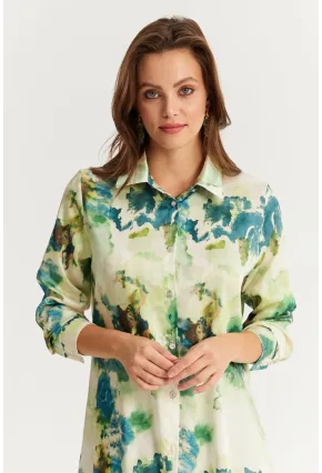 Kadın Yeşil Taş Düğmeli Desenli Gömlek MLVF9