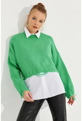 Kadın Yeşil Yırtık Detaylı Triko Kazak KZ2800