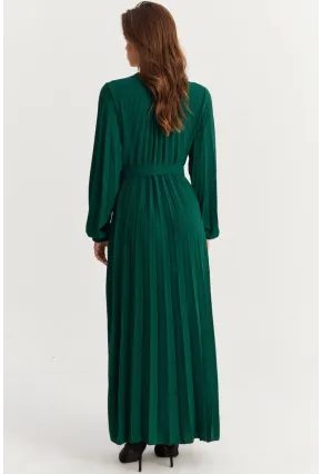Kadın Zümrüt Yeşil Kemerli Plili Maxi Elbise ALZ500