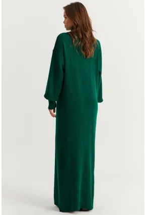 Kadın Zümrüt Yeşil Yakası Fermuarlı Triko Maxi Elbise MNUV10