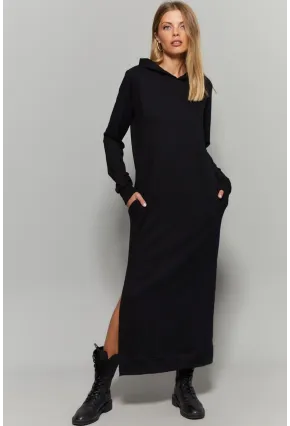 Siyah Çift Yırtmaçlı Kapüşonlu Maxi Elbise MEY1111