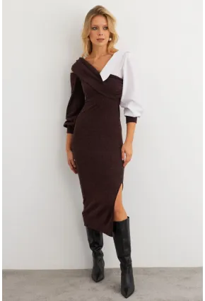Kadın Acı-Kahve Blok Kumaşlı Asimetrik Yaka Maxi Elbise KED4469