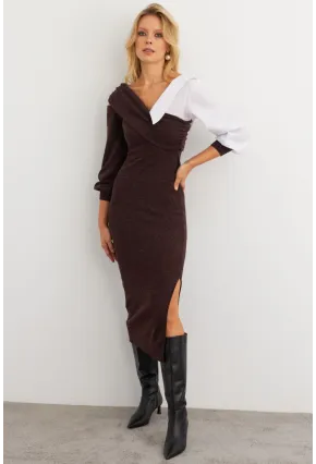 Kadın Acı-Kahve Blok Kumaşlı Asimetrik Yaka Maxi Elbise KED4469