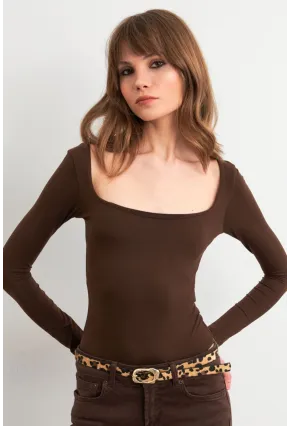 Kadın Acı-Kahve Kayık Yaka Basic Body CY352